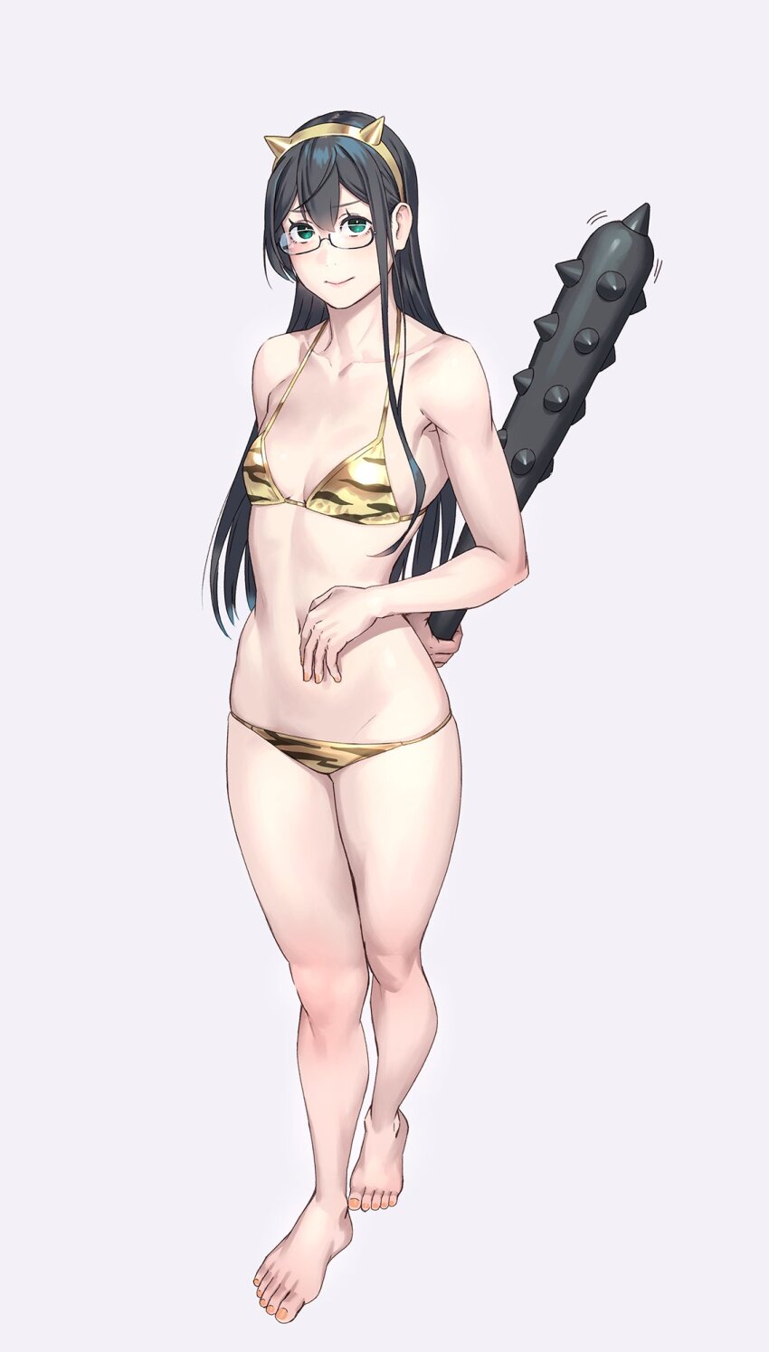 1girl alternate_costume animal_print bikini black_hair breasts closed_mouth cowboy_shot full_body glasses gold_bikini green_eyes highres holding holding_sword holding_weapon kantai_collection long_hair looking_at_viewer nail_polish navel ooyodo_(kancolle) simple_background small_breasts smile solo standing string_bikini swimsuit sword tiger_print weapon white_background yellow_bikini yuuji_(and)