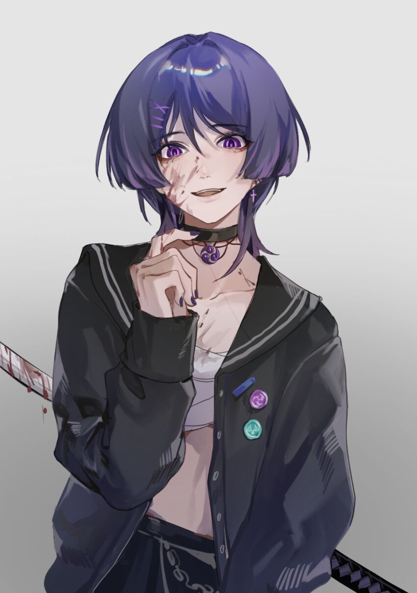 1boy alternate_costume androgynous anemo_symbol_(genshin_impact) black_choker black_nails black_sailor_collar black_serafuku black_sleeves blood blood_on_clothes blood_on_face blood_on_hands bloody_weapon blunt_ends chain chest_sarashi choker collarbone contemporary cross cross_earrings curled_fingers earrings electro_symbol_(genshin_impact) elicooc eyelashes eyeliner eyeshadow genshin_impact gradient_background grey_background hair_between_eyes hair_intakes hair_ornament hairclip highres jewelry katana long_sleeves looking_at_viewer magatama magatama_necklace makeup male_focus midriff mitsudomoe_(shape) necklace open_clothes open_mouth open_shirt purple_eyes red_eyeliner red_eyeshadow sailor_collar sarashi scaramouche_(genshin_impact) school_uniform serafuku solo sword teeth tomoe_(symbol) trap upper_teeth_only weapon weapon_behind_back white_background x_hair_ornament