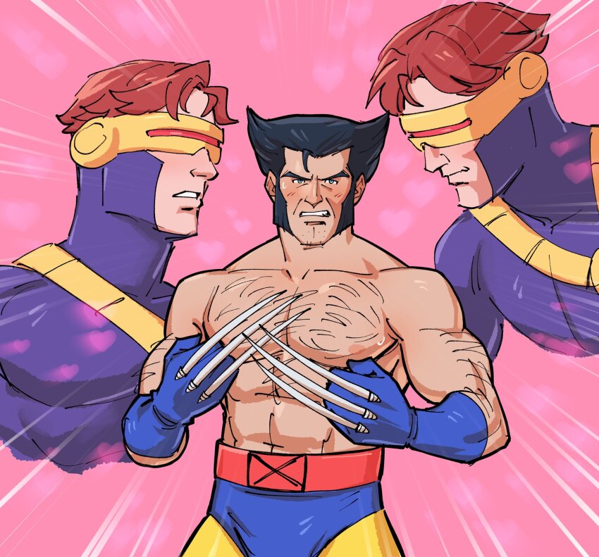 2boys abs arm_hair bara belt black_hair blue_eyes blue_gloves blush bodysuit brown_hair chest_hair claw_(weapon) clenched_hands clenched_teeth closed_mouth commentary cyclops_(x-men) english_commentary facial_hair glasses gloves hairy heart highres kalamari large_pectorals looking_at_viewer male_focus marvel multiple_boys muscular muscular_male nipples pectorals short_hair spiked_hair stubble superhero_costume sweatdrop teeth topless_male weapon wolverine_(x-men) x-men x-men:_the_animated_series yaoi yellow_bodysuit