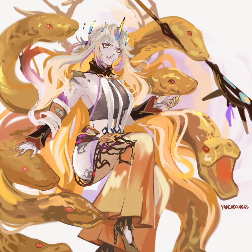 1girl absurdres bare_shoulders fire_emblem fire_emblem_heroes full_body gold gullveig_(fire_emblem) gullveig_(seer_beyond_time)_(fire_emblem) highres horns long_hair nintendo open_mouth single_horn snake solo yancadoodles yellow_eyes