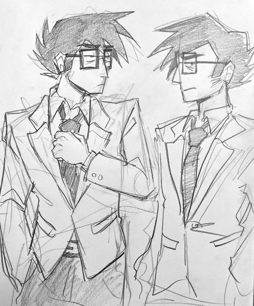 1boy closed_mouth collared_shirt formal_clothes gideon_graves glasses graphite_(medium) hand_in_pocket highres holding_necktie jacket looking_at_viewer male_focus necktie pants scott_pilgrim_(series) shewreckz shirt short_hair sketch solo spiked_hair suit suit_jacket thick_eyebrows traditional_media