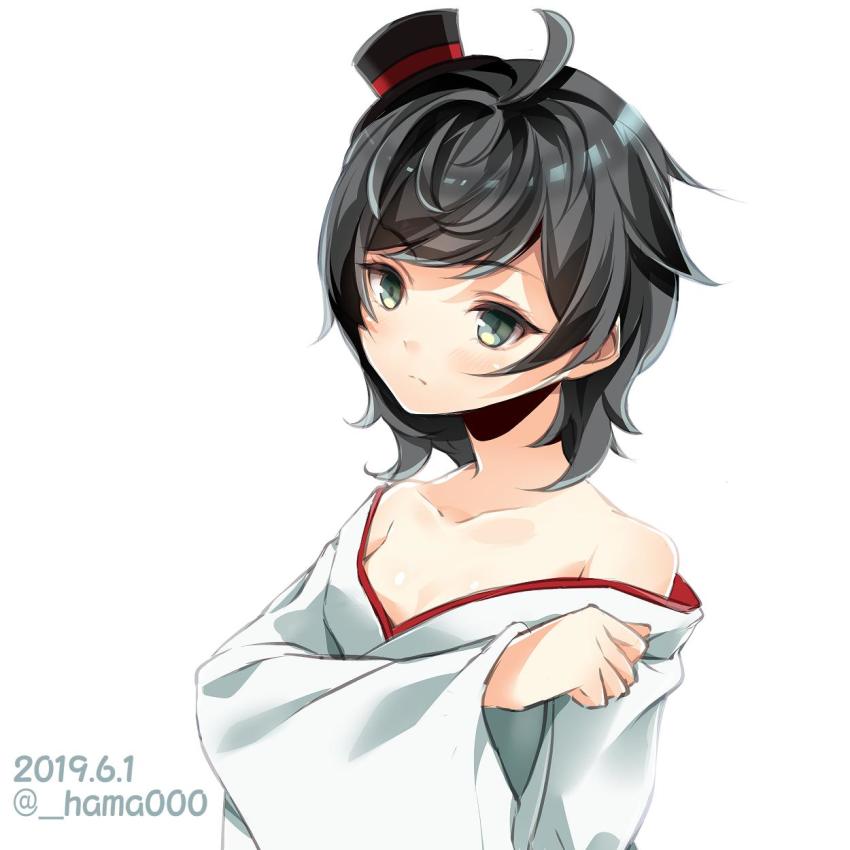 1girl ahoge bare_shoulders black_hair collarbone commentary_request dated furisode green_eyes hama_(_hama000) hat highres japanese_clothes kantai_collection kimono looking_at_viewer matsukaze_(kancolle) meiji_schoolgirl_uniform mini_hat mini_top_hat one-hour_drawing_challenge short_hair simple_background solo swept_bangs top_hat twitter_username upper_body wavy_hair white_background white_kimono