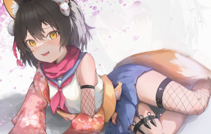 1girl absurdres animal_ear_fluff animal_ears blue_archive blue_sailor_collar blue_skirt blush brown_hair eiyuo fang fishnet_thighhighs fishnets floral_print fox_ears fox_girl fox_mask fox_tail hair_between_eyes haori highres izuna_(blue_archive) japanese_clothes kunai long_hair looking_at_viewer lying mask mask_on_head on_side pink_haori pink_ribbon pink_scarf pom_pom_(clothes) ribbon sailor_collar sash scarf shirt sidelocks single_thighhigh skin_fang skirt sleeveless sleeveless_shirt tail thigh_strap thighhighs weapon white_shirt yellow_sash