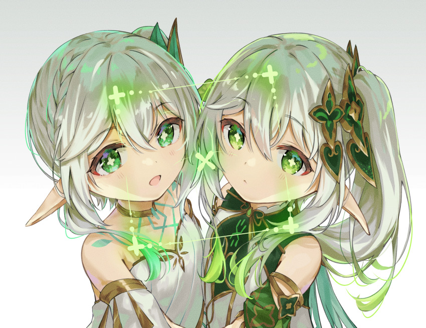 2girls :d body_markings close-up closed_mouth dress eyelashes genshin_impact gold_choker gold_trim gradient_background gradient_hair green_eyes green_hair hair_between_eyes hair_ornament highres leaf leaf_hair_ornament long_hair looking_at_viewer moguyuzu multicolored_hair multiple_girls nahida_(genshin_impact) open_mouth pointy_ears rukkhadevata_(genshin_impact) sleeveless sleeveless_dress smile star-shaped_pupils star_(symbol) symbol-shaped_pupils white_background white_dress white_hair