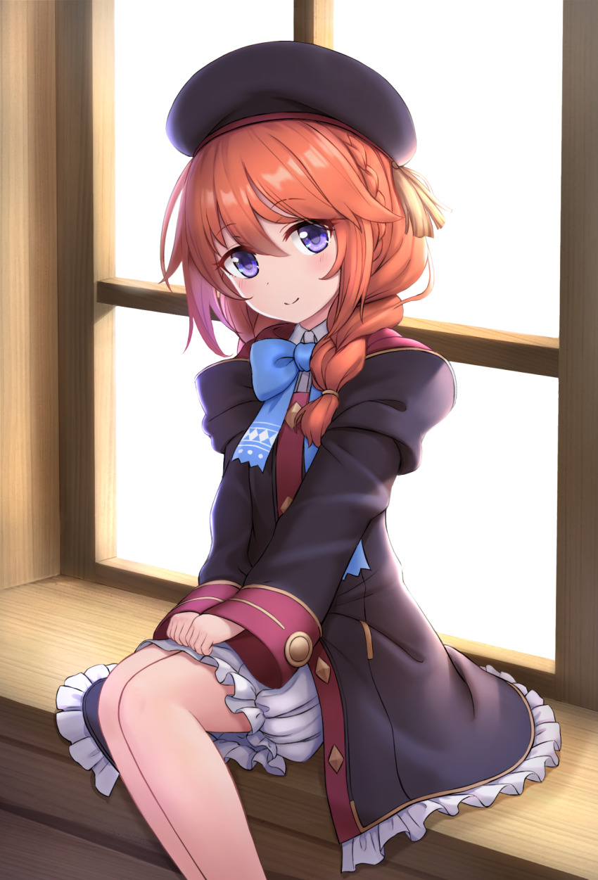 1girl beret black_hat blue_bow blue_bowtie bow bowtie braid cementite closed_mouth eyes_visible_through_hair hat highres long_hair long_sleeves looking_at_viewer princess_connect! purple_eyes red_hair sitting smile solo split_mouth yuni_(princess_connect!)