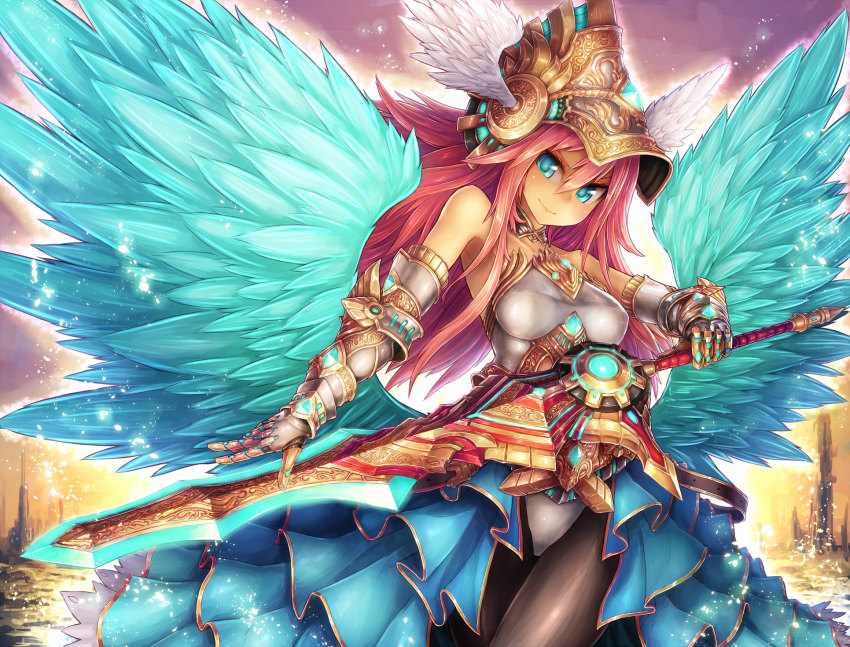 1girl armor bare_shoulders blue_eyes female_focus gauntlets head_wings helmet highres huge_weapon long_hair original pantyhose pink_hair saltydanshark solo sword weapon wings