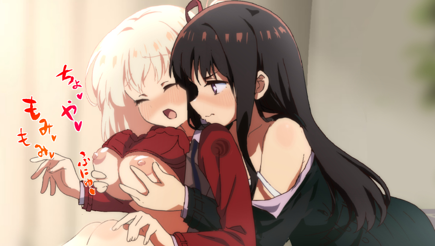 2girls black_dress black_hair blonde_hair blurry blurry_background blush bra bra_lift breasts closed_eyes closed_mouth dress grabbing_another&#039;s_breast grabbing_from_behind groping highres inoue_takina large_breasts long_hair lycoris_recoil lycoris_uniform medium_hair multiple_girls nipples nishikigi_chisato open_clothes open_dress or2_(sahr7857) paid_reward_available parted_lips purple_eyes red_bra red_dress red_eyes single_off_shoulder strap_slip translation_request underwear yuri