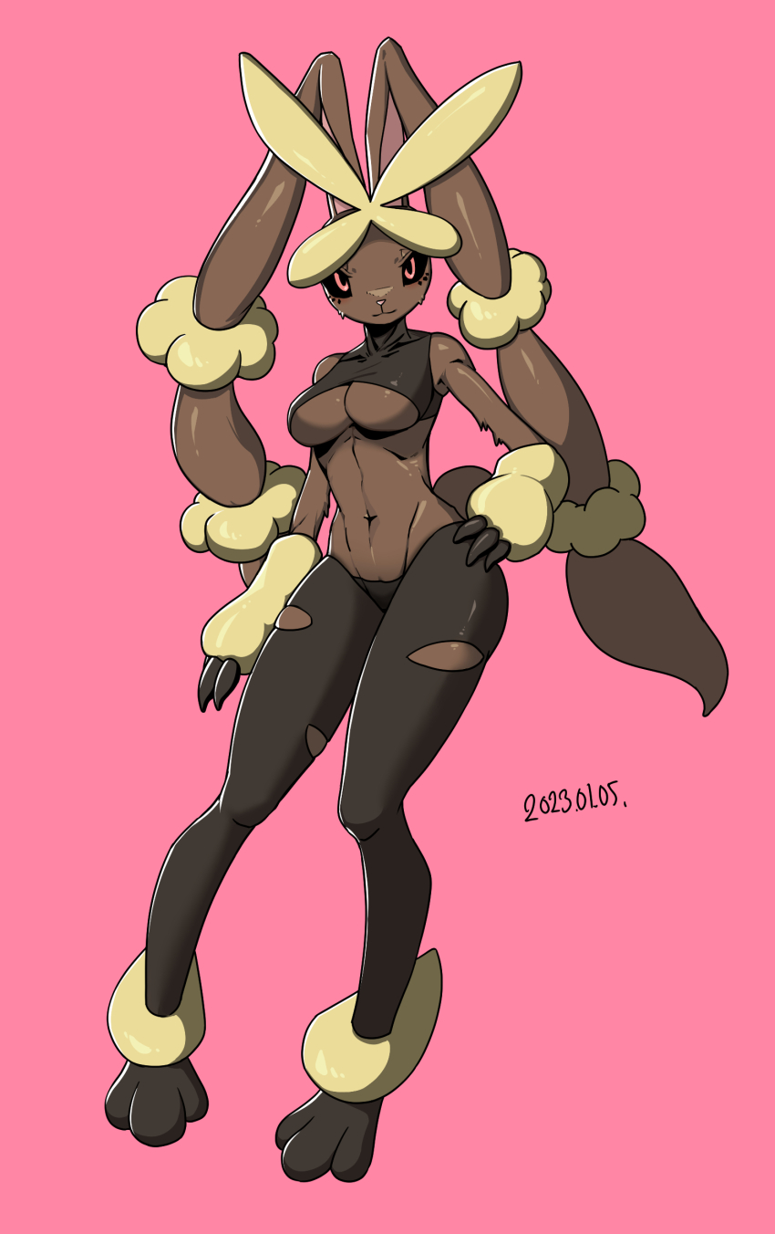 1girl :3 absurdres animal_feet arm_at_side bare_shoulders black_pantyhose black_sclera body_fur breasts brown_fur cleavage closed_mouth colored_sclera covered_collarbone creatures_(company) dated female_focus full_body furry furry_female game_freak gen_4_pokemon groin hand_on_own_hip happy highres looking_at_viewer lopunny mature_female medium_breasts mega_lopunny mega_pokemon navel nintendo pantyhose pink_eyes pokemon pokemon_(creature) rabbit_ears rabbit_girl rabbit_tail recet shiny_skin skindentation smile solo sports_bra standing stomach torn_clothes torn_pantyhose two-tone_fur underboob yellow_fur