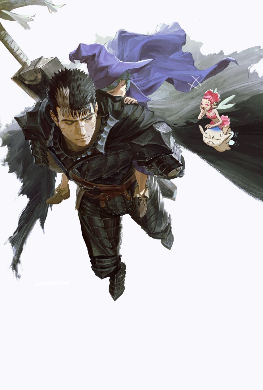 2boys 2girls absurdres armor armored_boots berserk black_hair black_shirt boots brown_footwear cape carrying carrying_person cavehuuu closed_eyes closed_mouth evarella_(berserk) fairy fairy_wings flying frown green_hair guts_(berserk) hat highres laughing multicolored_hair multiple_boys multiple_girls one_eye_closed open_mouth piggyback pink_hair pink_skirt puck_(berserk) purple_cape purple_hat scar scar_on_face schierke_(berserk) shirt simple_background skirt sleeping sweat sword walking weapon weapon_on_back white_background white_hair wings witch