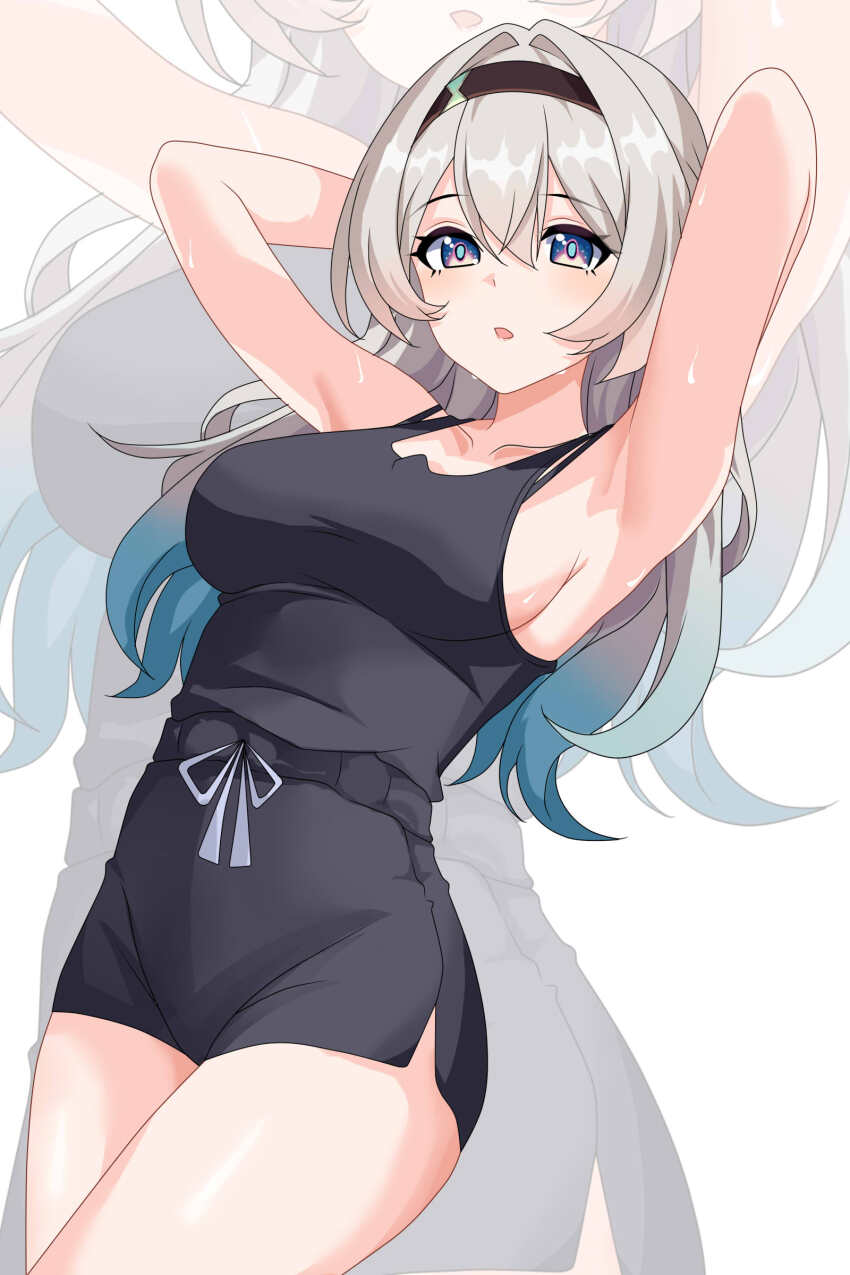 1girl absurdres alternate_costume armpits arms_up black_hairband black_shirt black_skirt blue_eyes blue_hair blue_pupils breasts collarbone commentary cowboy_shot firefly_(honkai:_star_rail) gradient_hair grey_hair hair_between_eyes hair_intakes hairband highres honkai:_star_rail honkai_(series) large_breasts light_blush looking_at_viewer maxwelzy multicolored_hair open_mouth shirt side_slit sideboob skirt solo sweat zoom_layer