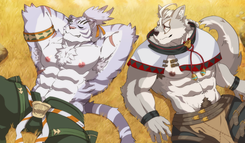 2boys abs animal_ear_fluff animal_ears armband armpit_hair armpits arms_behind_head bara black_pants capelet cat_nose chest_fur claws commentary_request dog_nose facial_mark furry furry_male green_pants grey_fur hair_tie highres klaus_(world_flipper) loincloth looking_at_another lying male_focus multiple_boys muscular muscular_male navel nimbus_(world_flipper) nipples on_grass pants pectorals ponytail purple_fur red_eyes scar scar_on_stomach tail tamainu tiger_boy tiger_ears tiger_stripes tiger_tail topless_male white_capelet white_hair wolf_boy wolf_ears wolf_tail world_flipper wristband