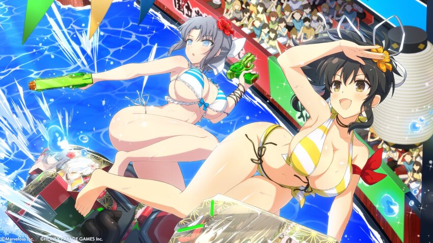 2girls armpits arms_up asuka_(senran_kagura) bare_legs barefoot bikini black_hair blue_bikini blue_bra blue_eyes blush bra breasts dolphin_wave grey_hair hair_between_eyes hand_up highres huge_breasts leg_focus looking_to_the_side multiple_girls navel official_art open_mouth panties senran_kagura senran_kagura_new_link sidelocks stomach swimsuit thick_thighs thighs tongue underwear water_gun wet white_bikini white_bra white_panties yaegashi_nan yellow_bikini yellow_bra yellow_eyes yumi_(senran_kagura)