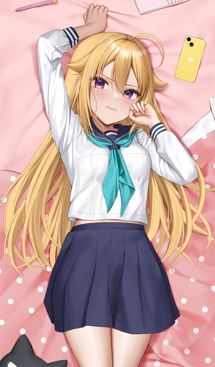 1girl absurdres ahoge aqua_neckerchief bed_sheet blonde_hair blue_sailor_collar blue_skirt blush breasts cellphone clenched_teeth commentary_request cowboy_shot dakimakura_(medium) from_above hair_between_eyes hair_flaps highres keine09 koshi_torako legs_together long_hair long_sleeves looking_at_viewer lying medium_breasts midriff_peek neckerchief notebook on_back pen phone pleated_skirt purple_eyes sailor_collar school_uniform sheet_grab shikanoko_nokonoko_koshitantan shirt skirt small_sweatdrop smartphone solo teeth very_long_hair white_shirt