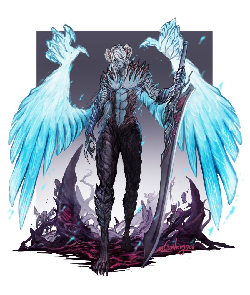 1boy abs absurdres alternate_form claws colored_skin compound_eyes demon demon_boy devil_may_cry_(series) devil_may_cry_5 devil_trigger energy_wings full_body glowing glowing_eyes glowing_wings highres holding holding_weapon horns long_hair long_long_guaiwu_yuan looking_at_viewer male_focus muscular muscular_male nero_(devil_may_cry) red_queen_(sword) shining sin_devil_trigger solo standing sword toned transformation weapon white_hair wings yellow_eyes