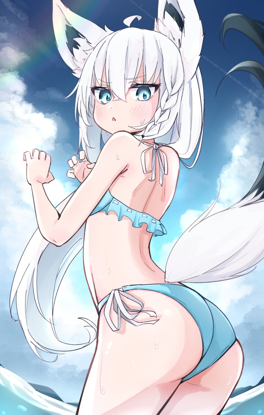 absurdres animal_ears ass bikini blue_eyes cloud cloudy_sky fox_ears fox_girl fox_tail highres hololive long_hair ocean shirakami_fubuki shirakami_fubuki_(hololive_summer_2019) sky string_bikini sweat swimsuit tail tensann3 virtual_youtuber white_hair white_tail