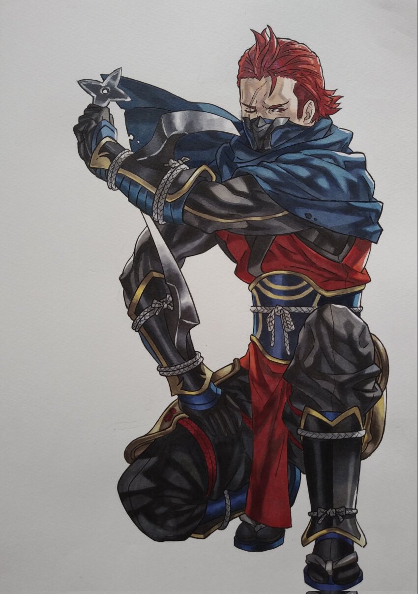 1boy fire_emblem fire_emblem_fates highres holding holding_shuriken holding_weapon japanese_clothes male_focus mask mouth_mask ninja ninja_mask nintendo official_style peacefulandflat red_eyes red_hair saizo_(fire_emblem) scar scar_across_eye scar_on_face scarf shuriken traditional_media weapon