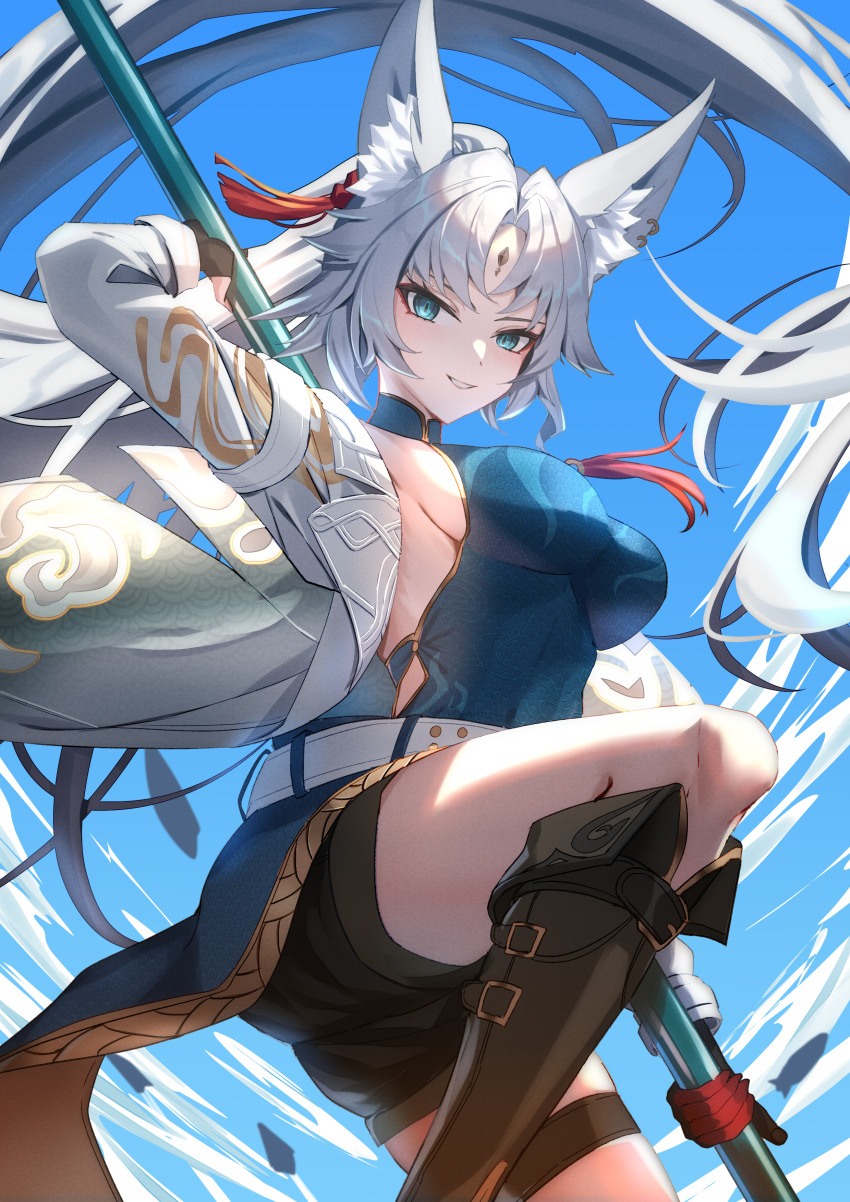 1girl absurdres alphaart animal_ear_fluff animal_ears aqua_eyes belt black_footwear black_gloves black_shorts blue_shirt boots breasts clothing_cutout coat commentary feixiao_(honkai:_star_rail) forehead_jewel fox_ears fox_girl gloves grin highres holding holding_polearm holding_weapon honkai:_star_rail honkai_(series) knee_boots large_breasts long_hair looking_at_viewer parted_bangs polearm polearm_behind_back shirt shorts side_cutout sidelocks smile solo very_long_hair weapon white_belt white_coat white_hair