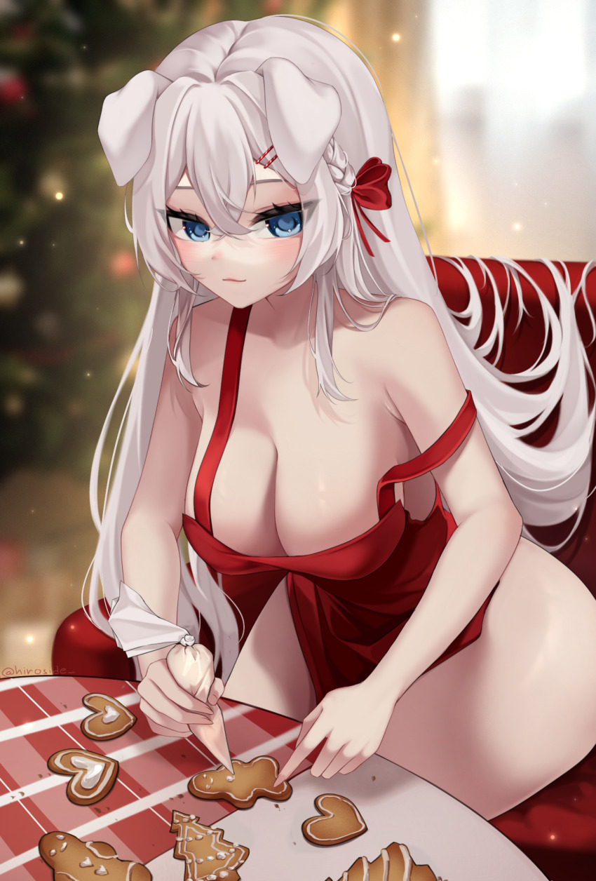 1girl animal_ears apron blonde_hair blue_eyes blurry blurry_background blush breasts christmas cleavage cookie dog_ears food hair_between_eyes highres hiroside large_breasts looking_at_viewer naked_apron solo virtual_youtuber vyugen white_hair yuniiho_(vtuber)