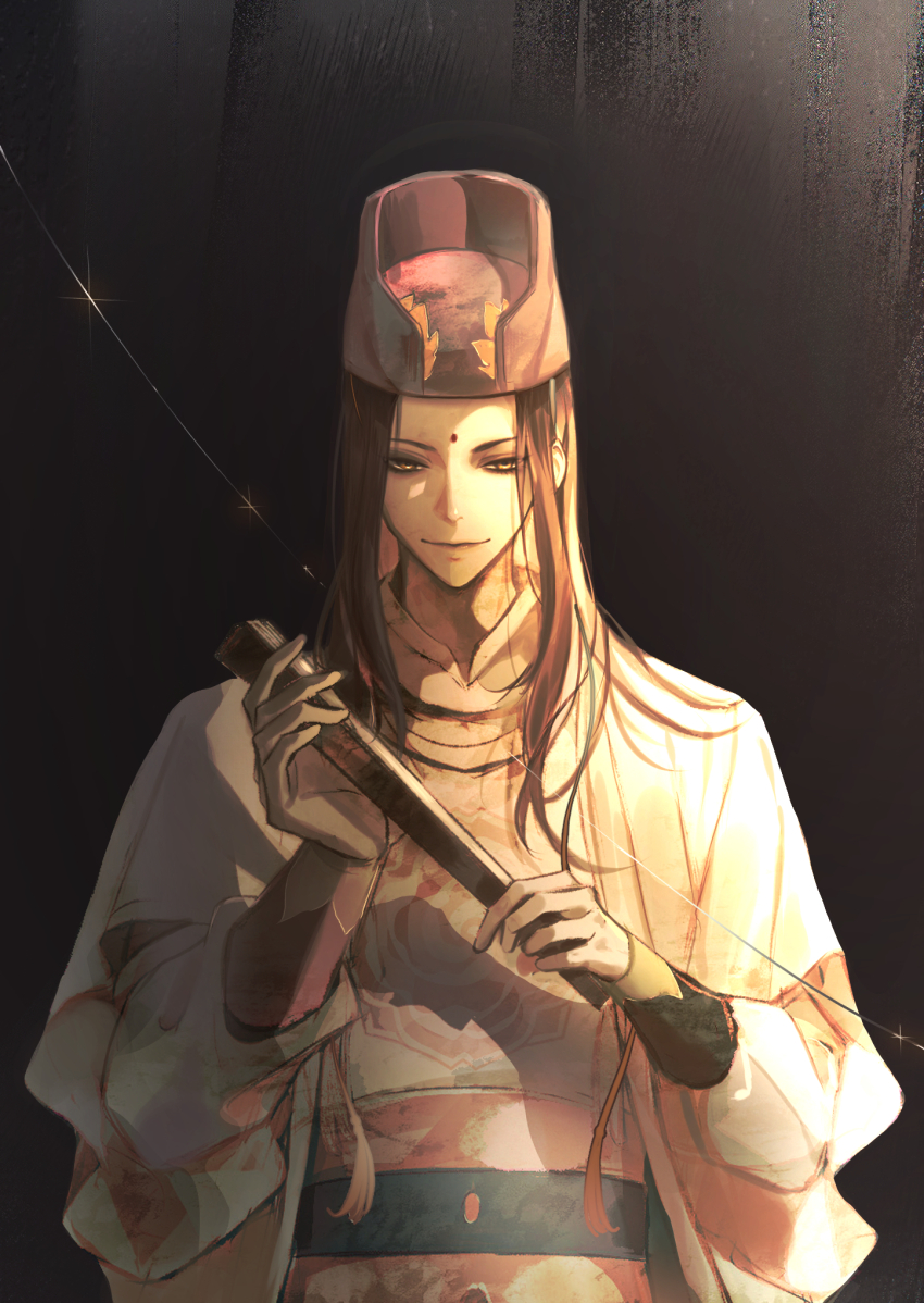 1boy bindi brown_hair chinese_clothes folding_fan glint hand_fan hanfu hat highres holding holding_fan jin_(headwear) jin_guangyao korean_commentary lerira9 long_hair long_sleeves male_focus modao_zushi smile solo straight-on string tassel upper_body yellow_eyes yellow_hanfu