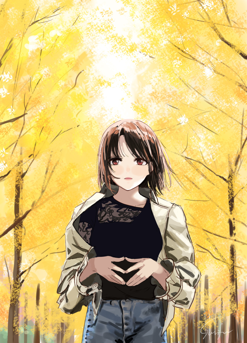 1girl absurdres black_shirt blue_pants brown_hair brown_jacket day fingers_together gurifu highres jacket looking_at_viewer open_clothes open_jacket original outdoors pants parted_bangs parted_lips red_eyes shirt solo tree