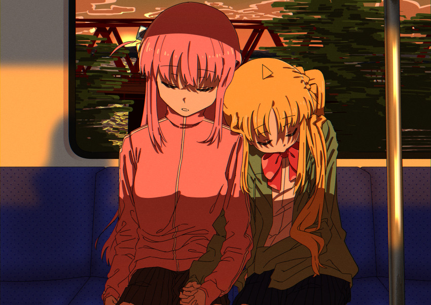 2girls 50_sn_stannum absurdres ahoge blonde_hair bocchi_the_rock! bow bowtie closed_eyes cowboy_shot cube_hair_ornament evening gotoh_hitori hair_ornament highres holding_hands ijichi_nijika jacket long_hair long_sleeves multiple_girls one_side_up pink_hair pink_jacket pleated_skirt red_bow red_bowtie shirt side_ponytail sidelocks sitting skirt sleeping sleeping_upright sunlight track_jacket train_interior very_long_hair white_shirt yuri