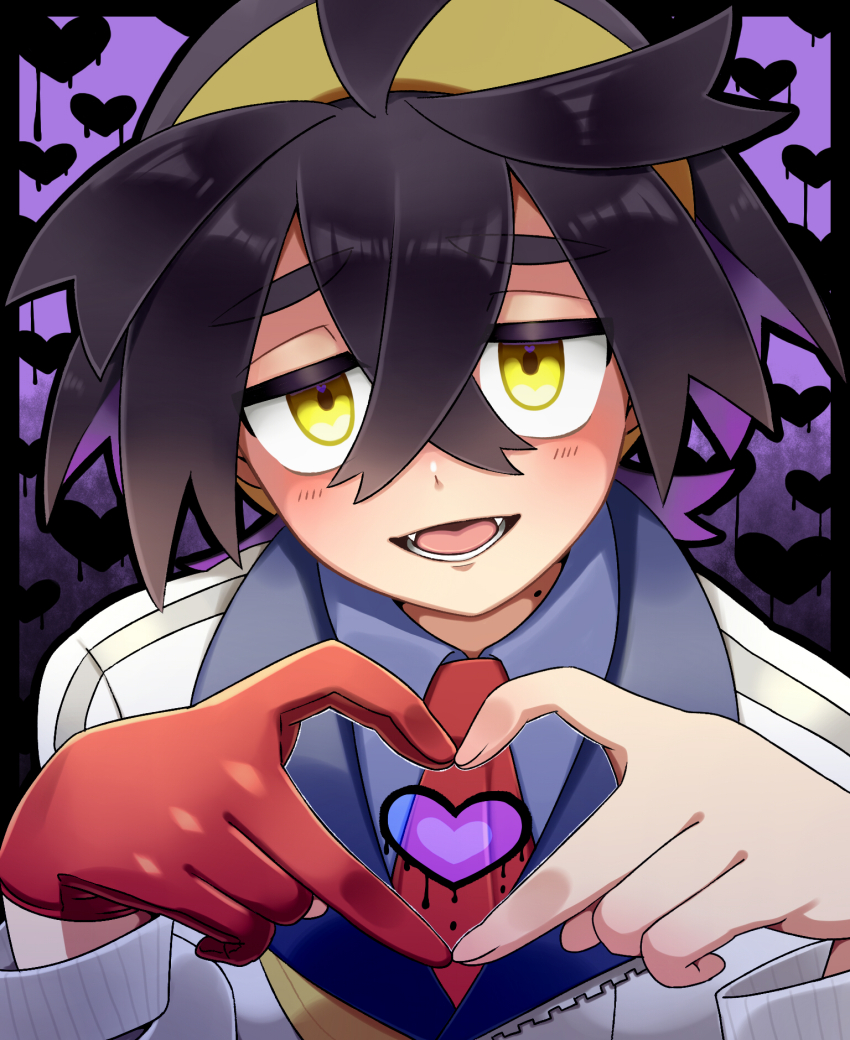 1boy :d black_hair blue_shirt blush collared_shirt commentary_request creatures_(company) crossed_bangs fangs game_freak gloves hair_between_eyes hairband hands_up heart heart_hands highres jacket kieran_(pokemon) kyouka._(kyouka) looking_at_viewer male_focus necktie nintendo open_mouth outline pokemon pokemon_sv purple_background red_gloves red_necktie shirt single_glove smile solo tongue upper_body white_jacket yellow_eyes yellow_hairband