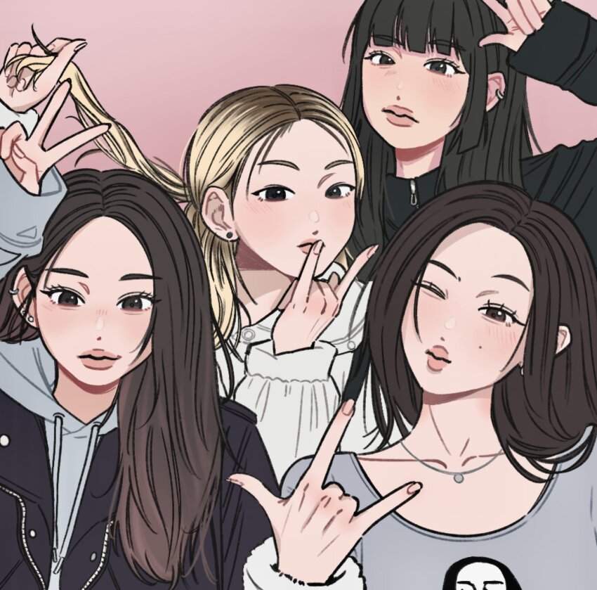 4girls \m/ animification belle_(kiss_of_life) black_eyes black_hair black_jacket blonde_hair brown_hair commentary earrings forehead gradient_hair grey_hoodie grey_shirt hair_behind_ear haneul_(kiss_of_life) highres holding holding_own_hair hood hoodie jacket jewelry julie_(kiss_of_life) k-pop kiss_of_life long_hair looking_at_viewer mole mole_under_eye multicolored_hair multiple_girls natty_(kiss_of_life) necklace one_eye_closed parted_hair pink_lips real_life shirt sleeves_past_wrists smile symbol-only_commentary tangchi_suputhipong v