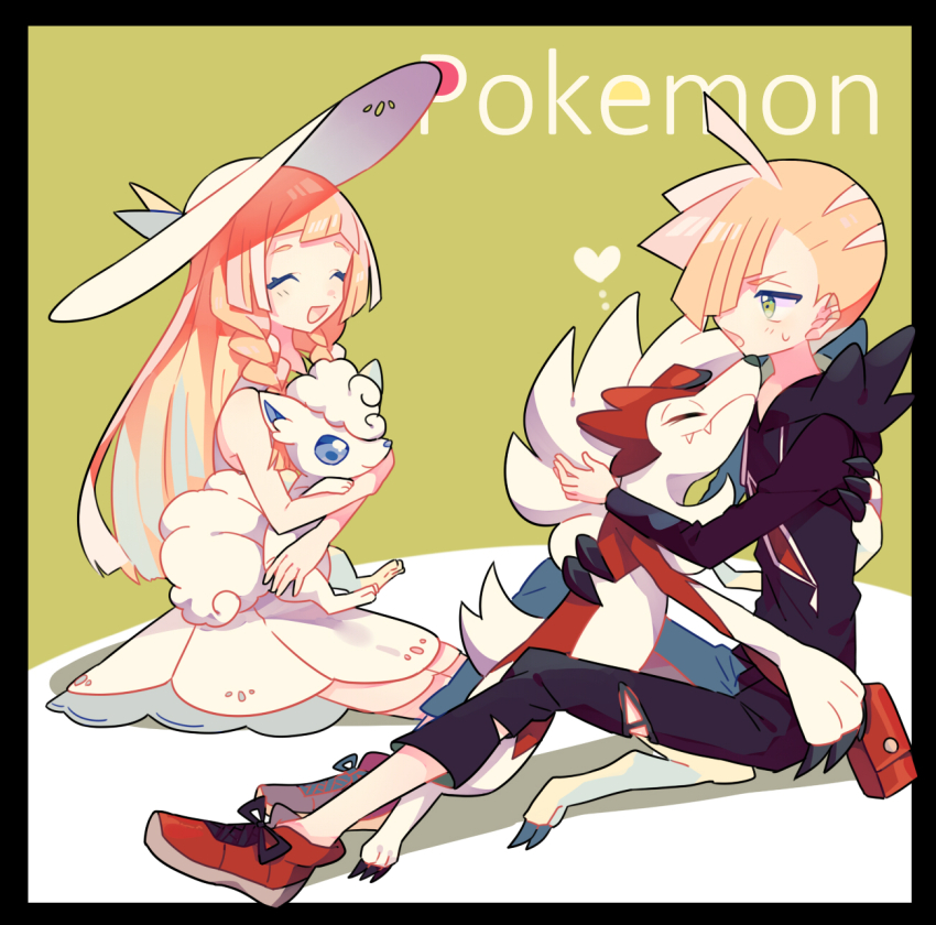 1boy 1girl alolan_form alolan_vulpix animal animal_hug black_border black_jacket blonde_hair border braid brother_and_sister creatures_(company) dress game_freak gen_7_pokemon gladion_(pokemon) green_eyes happy hat highres holding holding_pokemon hood hood_down hooded_jacket jacket lillie_(pokemon) long_hair lycanroc lycanroc_(midnight) nagatsukiariake nintendo pokemon pokemon_(creature) pokemon_sm red_footwear siblings sweatdrop twin_braids white_dress white_hat