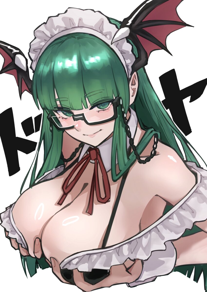 1girl absurdres ap_cammy blunt_bangs breasts cleavage commentary_request darkstalkers detached_collar green_eyes green_hair head_wings highres large_breasts long_hair looking_at_viewer maid_headdress morrigan_aensland revision smile solo upper_body wings