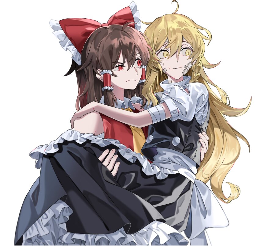 2girls ahoge ascot back_bow bandaged_arm bandages bandaid bandaid_on_face bare_shoulders black_skirt black_vest blonde_hair bow brown_hair carrying chromatic_aberration closed_mouth collared_shirt commentary frilled_bow frilled_hair_tubes frilled_skirt frills hair_between_eyes hair_bow hair_tubes hakurei_reimu hand_on_another&#039;s_shoulder highres kirisame_marisa large_bow long_hair maka_(maka04021) medium_hair multiple_girls princess_carry puffy_short_sleeves puffy_sleeves red_bow red_eyes shirt short_sleeves simple_background skirt skirt_set torn_clothes touhou vest white_background white_bow white_shirt yellow_ascot yellow_eyes yuri