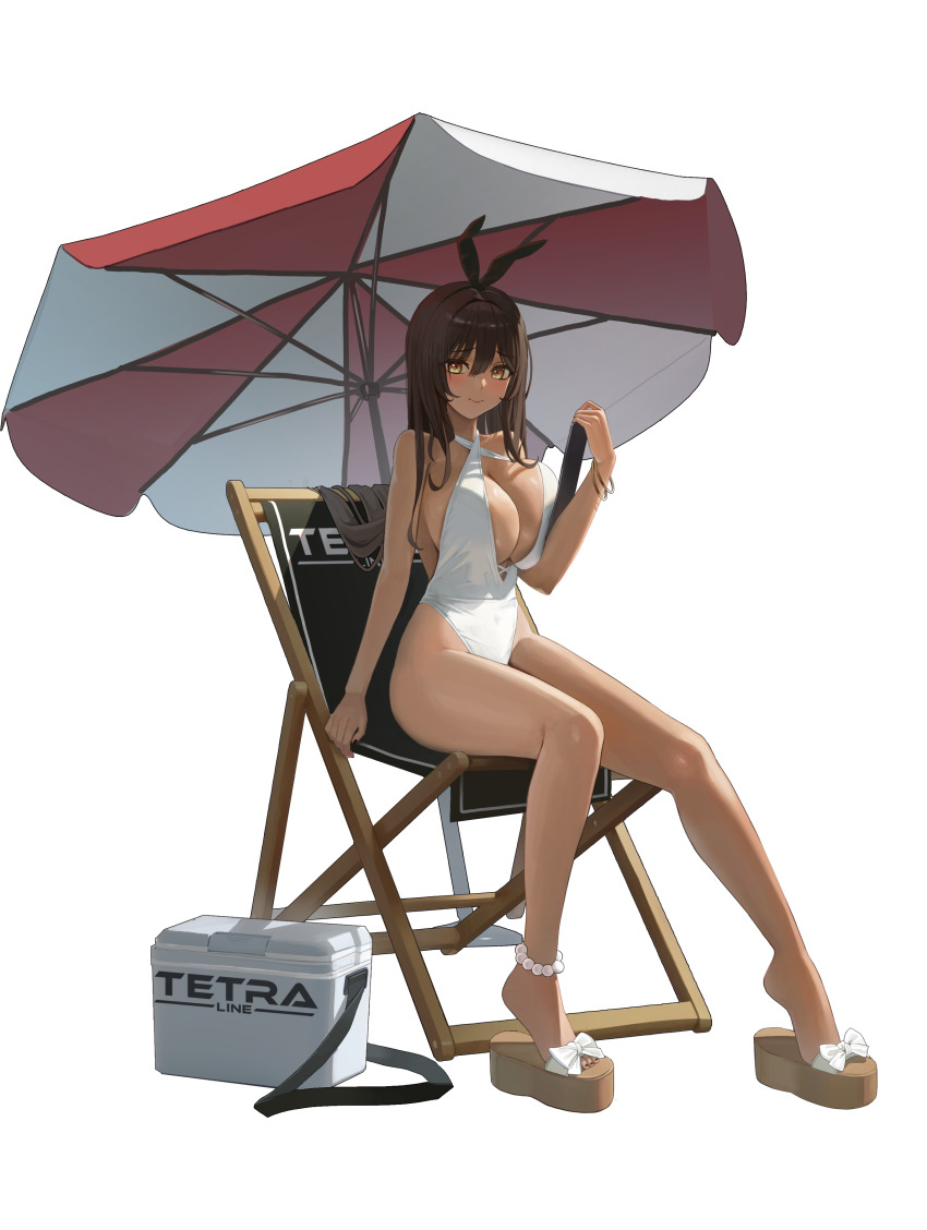 1girl absurdres animal_ears anklet arm_support bare_shoulders beach_umbrella bracelet breast_press breasts brown_hair chair cleavage closed_mouth cooler dark-skinned_female dark_skin deck_chair fake_animal_ears folding_chair goddess_of_victory:_nikke hair_between_eyes hallo_(rltkdydrltk) halterneck highres holding holding_tablet_pc jewelry large_breasts long_hair looking_at_viewer noir_(nikke) one-piece_swimsuit platform_footwear rabbit_ears sandals sitting smile solo swimsuit tablet_pc umbrella very_long_hair white_background white_one-piece_swimsuit yellow_eyes