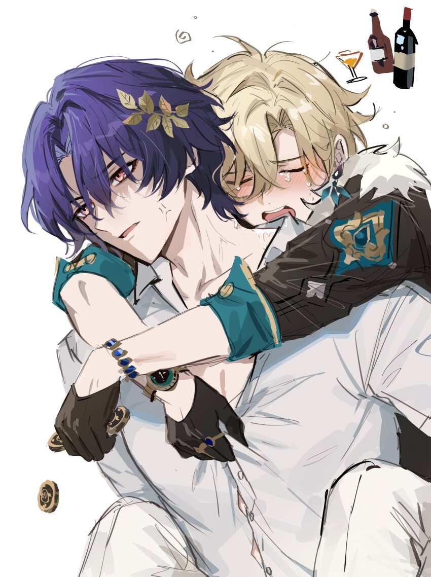 2boys absurdres alcohol anger_vein annoyed arms_around_neck aventurine_(honkai:_star_rail) black_coat black_gloves blonde_hair blue_hair blush bracelet button_gap carrying coat coin collarbone collared_shirt crying dr._ratio_(honkai:_star_rail) dress_shirt drunk earrings fractalmagnolia fur_scarf gloves hair_ornament highres holding holding_coin honkai:_star_rail honkai_(series) hug hug_from_behind jacket jewelry male_focus multiple_boys piggyback poker_chip ring saliva_on_neck shirt short_hair simple_background tears watch white_background white_shirt wristwatch yaoi