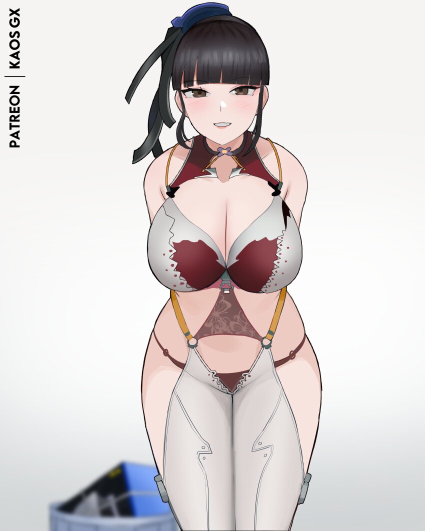 1girl absurdres arms_behind_back bare_shoulders black_hair breasts brown_eyes eve_(stellar_blade) female_focus game_console highres kaos_art large_breasts legs_together light_blush looking_at_viewer official_alternate_costume patreon_username playstation_5 ponytail stellar_blade thighs trash_can