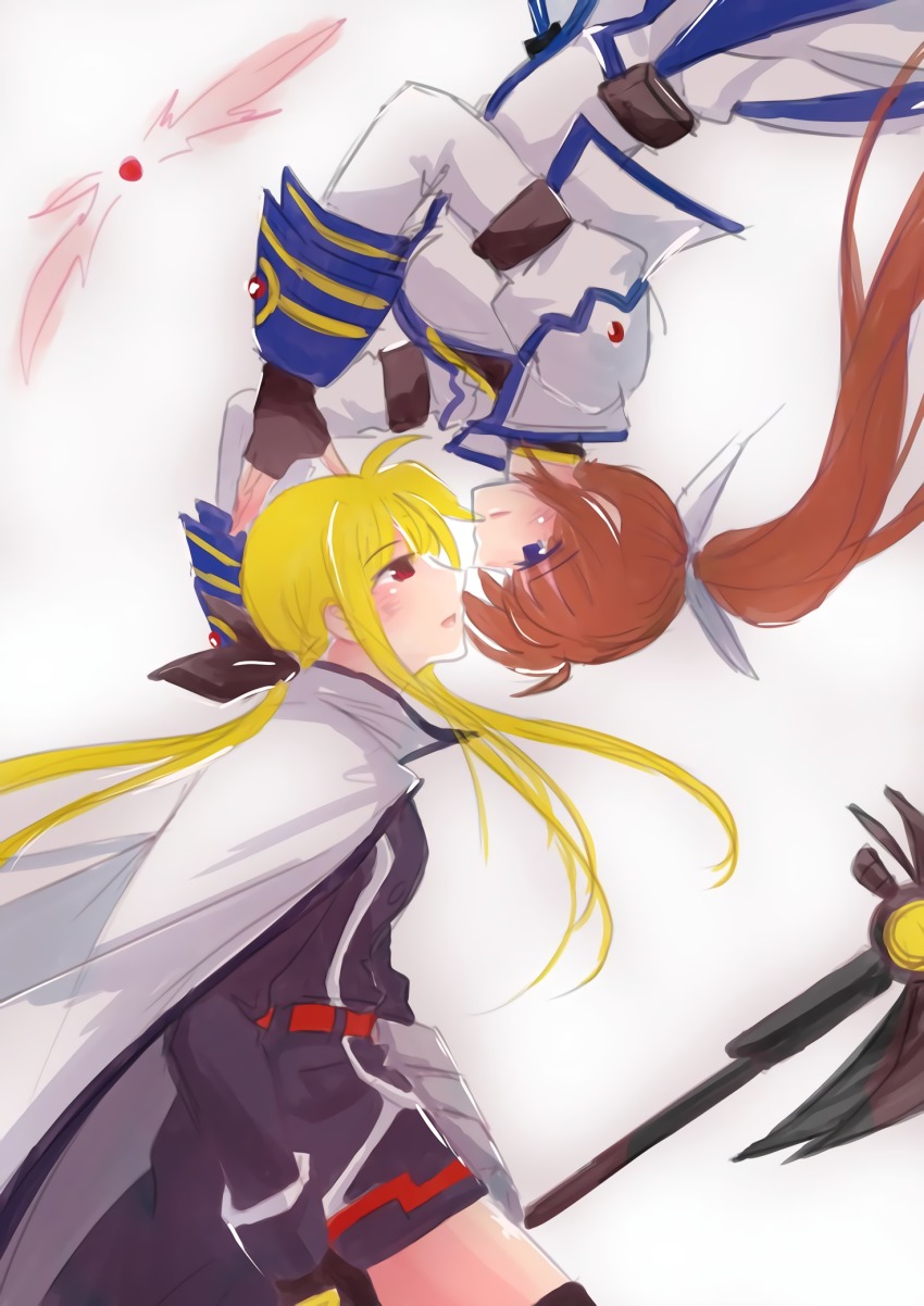 2girls bardiche_(nanoha) barrier_jacket blonde_hair blush brown_hair couple fate_testarossa flying hair_ornament happy highres imminent_kiss kiss lyrical_nanoha magical_girl mahou_shoujo_lyrical_nanoha mahou_shoujo_lyrical_nanoha_strikers mahou_shoujo_lyrical_nanoha_vivid multiple_girls open_mouth purple_eyes raising_heart red_eyes ribbon side_ponytail simple_background smile takamachi_nanoha thighhighs thighs twintails upside-down white_background yuri