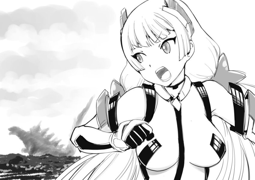 1girl angela_balzac breasts character_request commentary_request crossover deva_battle_suit godzilla godzilla_(series) greyscale long_hair mecha_pilot_suit monochrome rakuen_tsuihou spikes tail ueyama_michirou very_long_hair