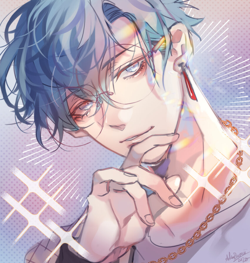 1boy aizome_kento akazumii b-project blue_eyes blue_hair chain chain_necklace earrings glasses gold_chain highres jewelry light_blue_hair looking_at_viewer male_focus necklace parted_lips shirt short_hair signature smile solo tassel tassel_earrings teeth white_shirt