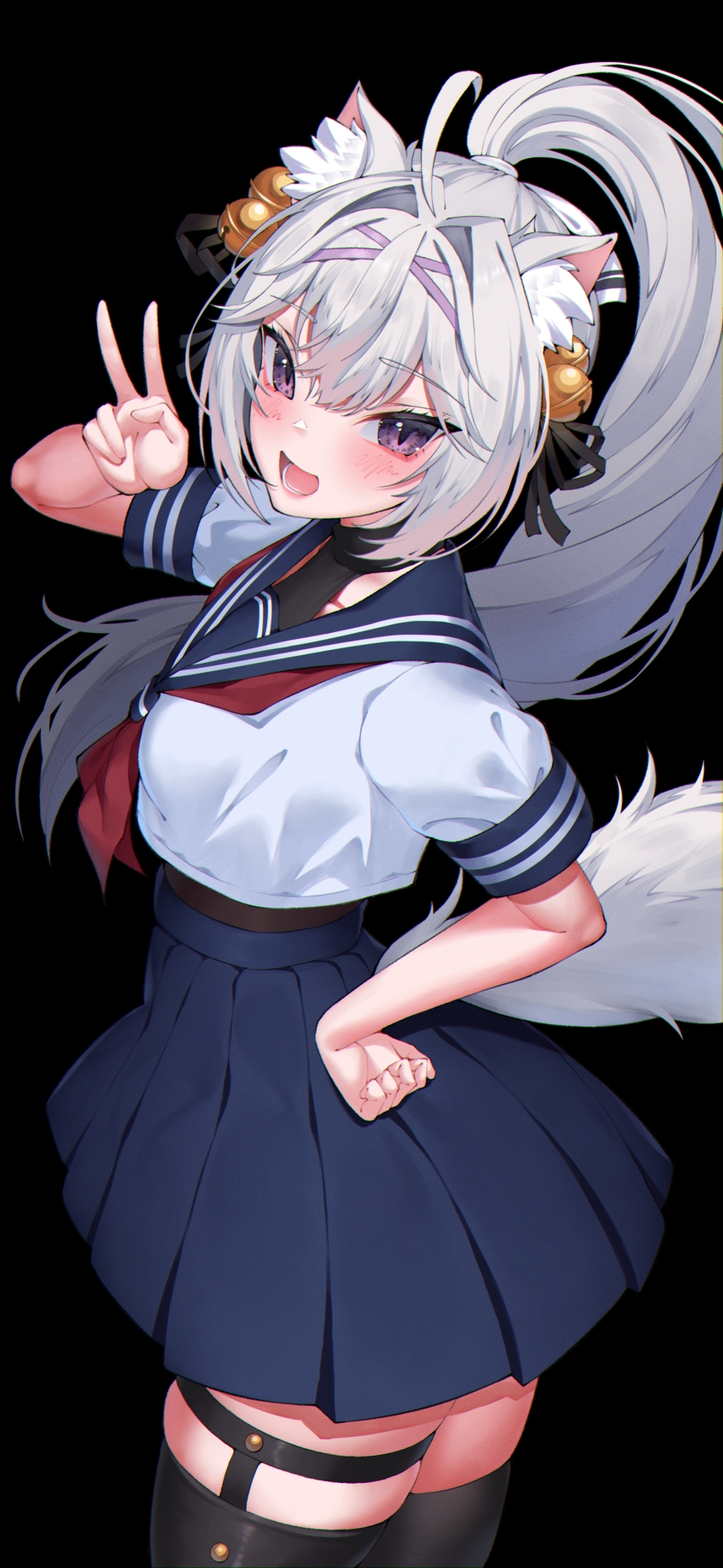 1girl absurdres animal_ear_fluff animal_ears bell black_background black_leotard black_sailor_collar black_skirt black_thighhighs blush commission cropped_shirt eyelashes filian_(vtuber) hair_bell hair_ornament highres himeliofon indie_virtual_youtuber leotard leotard_under_clothes long_hair neckerchief open_mouth pleated_skirt ponytail red_neckerchief sailor_collar school_uniform serafuku shirt skindentation skirt solo tail thighhighs thighs v virtual_youtuber white_hair white_shirt