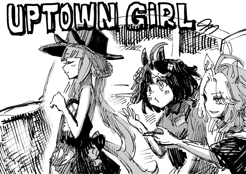 3girls animal_ears billy_joel billy_joel_(cosplay) christie_brinkley christie_brinkley_(cosplay) cosplay dress greyscale hat highres horse_ears horse_girl jumpsuit kitasan_black_(umamusume) long_hair monochrome moriseishiro_(uroshiiserimo) multiple_girls orfevre_(umamusume) parody sweep_tosho_(umamusume) umamusume uptown_girl