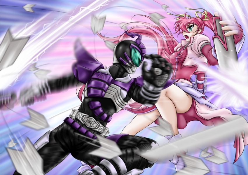 1boy 1girl armor battle chainsword crossover epic fighting highres kamen_rider kamen_rider_kabuto kamen_rider_kabuto_(series) kamen_rider_sasword lyrical_nanoha mahou_shoujo_lyrical_nanoha mahou_shoujo_lyrical_nanoha_a&#039;s pink_hair signum tarisa waist_cape weapon whip_sword