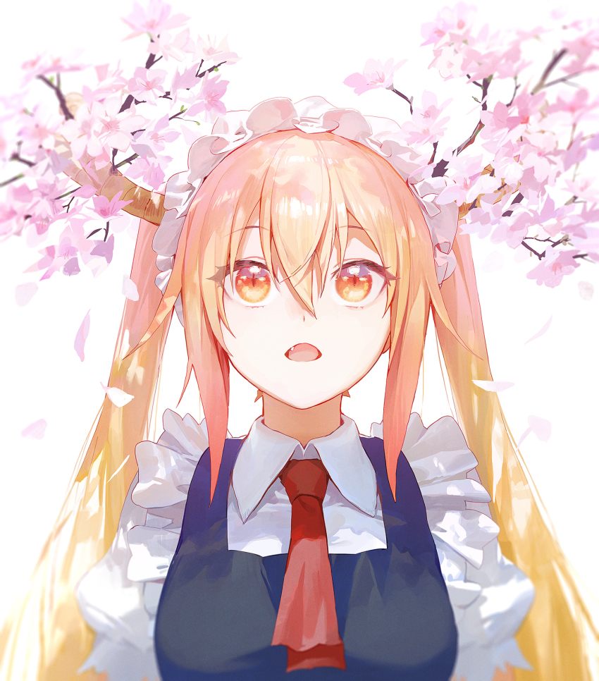 1girl ascot blonde_hair cherry_blossoms dragon_girl dragon_horns fang flower highres horns kobayashi-san_chi_no_maidragon long_hair looking_up maid maid_headdress modare open_mouth orange_eyes red_ascot simple_background solo tohru_(maidragon) twintails upper_body white_background