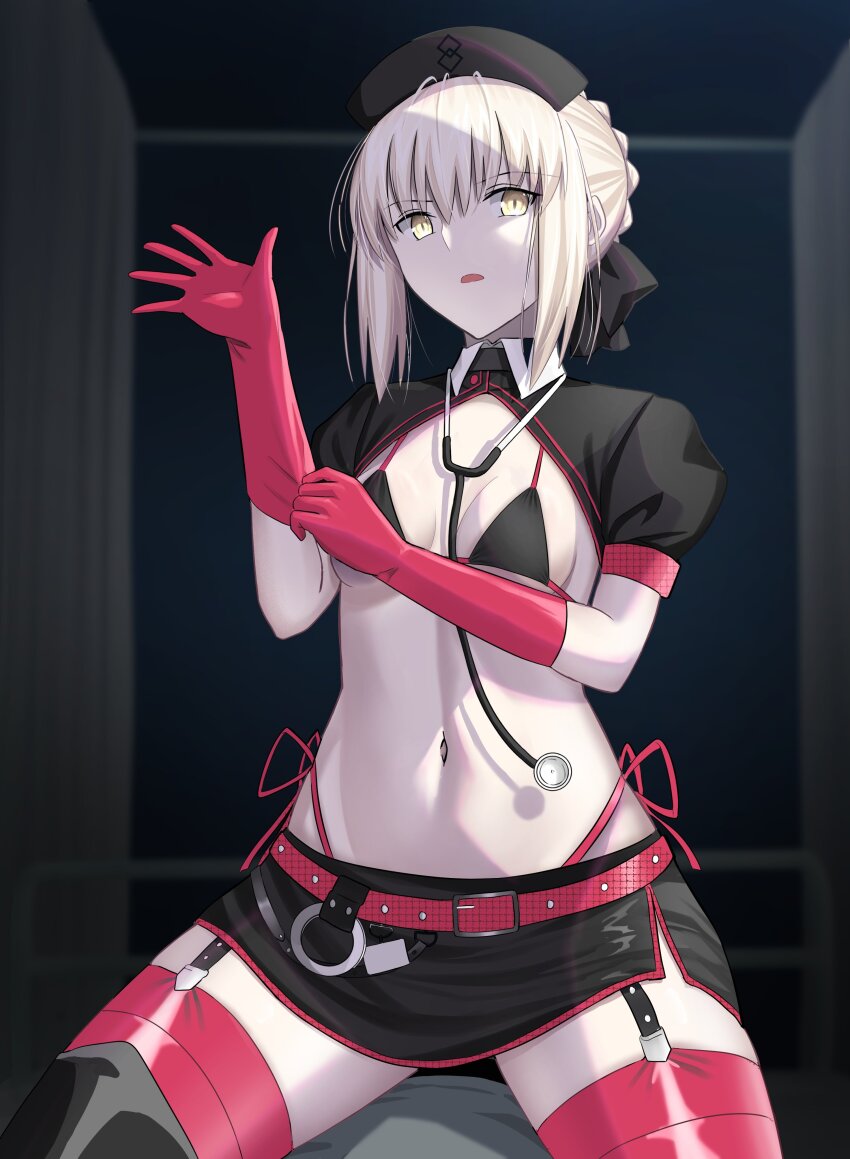 1girl absurdres artoria_pendragon_(fate) belt bikini black_bikini black_ribbon breasts collar curtains fate/grand_order fate_(series) garter_straps glove_pull gloves grey_hair hat highres longdq3008 navel nurse nurse_cap on_bed panties red_belt red_gloves red_thighhighs ribbon saber_alter shadow small_breasts solo stethoscope string_panties swimsuit thighhighs underwear yellow_eyes