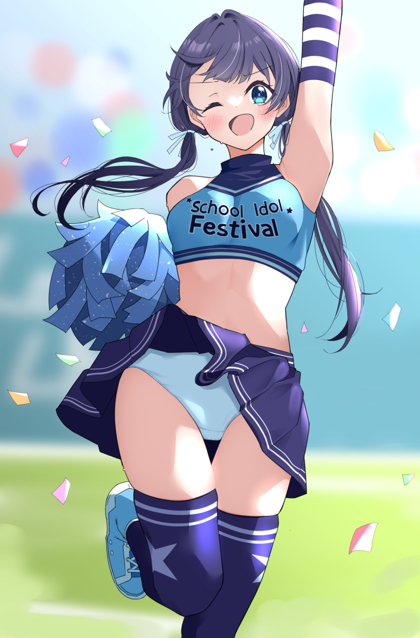 1girl blue_panties breasts cheerleader highres love_live! medium_breasts murano_sayaka panties purple_hair small_breasts solo takaramonozu underwear