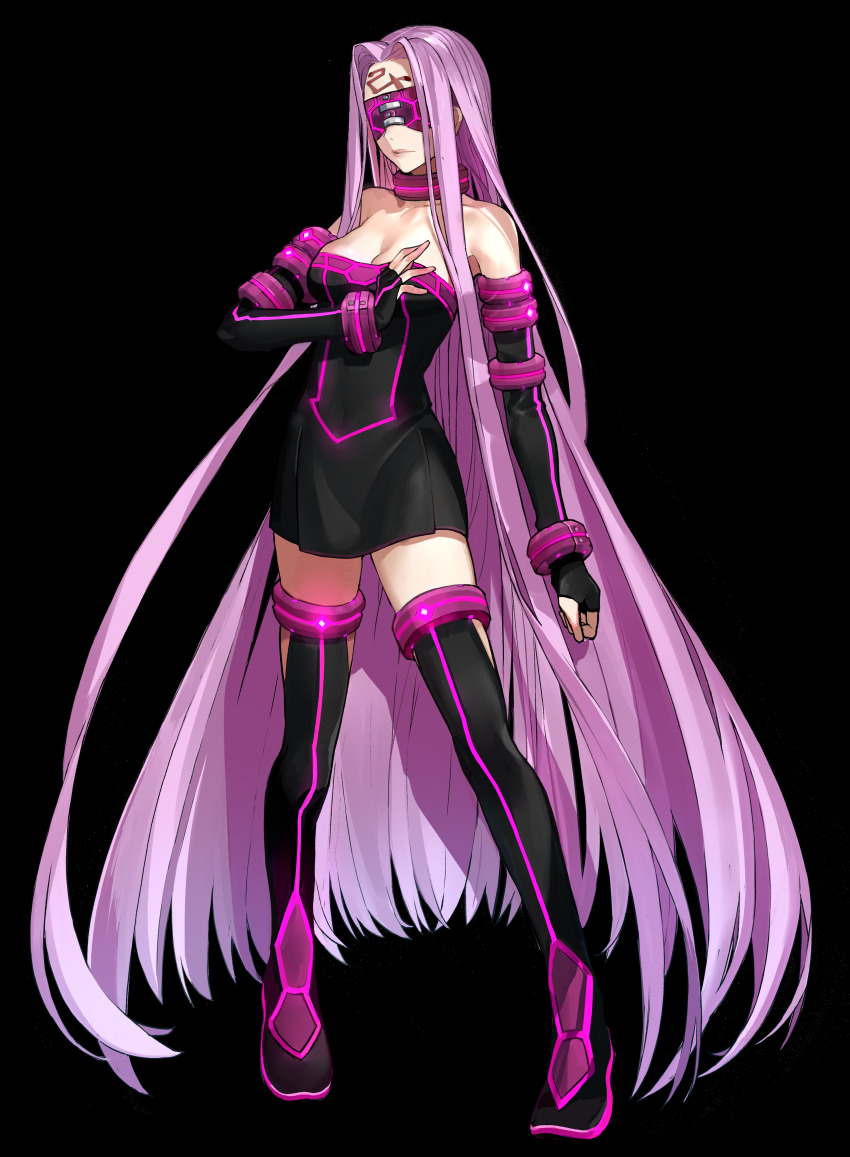 1girl absurdly_long_hair absurdres arm_at_side bare_shoulders black_dress black_footwear black_sleeves blindfold boots breasts cleavage closed_mouth collar detached_sleeves dress facial_mark facing_viewer fate/extella fate/extra fate_(series) forehead_mark full_body hand_up highres large_breasts light_frown long_hair medusa_(fate) medusa_(rider)_(fate) official_art purple_blindfold purple_collar purple_hair short_dress simple_background solo standing strapless strapless_dress thigh_boots transparent_background very_long_hair wada_arco