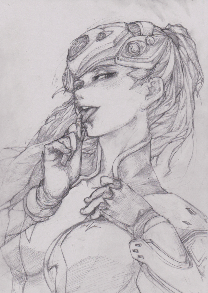 1girl bodysuit breasts bullet center_opening female_focus head-mounted_display highres holding licking lips long_hair looking_at_viewer medium_breasts monochrome naughty_face nose open_mouth overwatch overwatch_1 ponytail portrait simple_background sketch solo tongue tongue_out vertutame very_long_hair visor widowmaker_(overwatch)