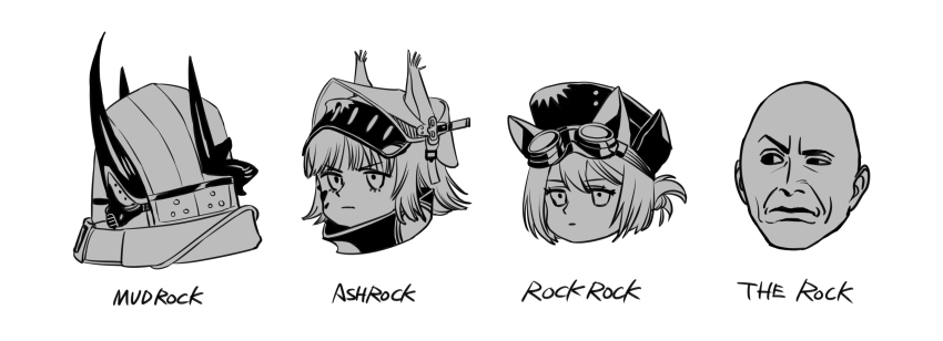 1boy 3girls absurdres animal_ears arknights ashlock_(arknights) bald character_name closed_mouth goggles goggles_on_head greyscale hat head_only highres hood hood_up horns mask material_growth monochrome mudrock_(arknights) multiple_girls oripathy_lesion_(arknights) oxy_(ho2) rockrock_(arknights) simple_background the_rock_(dwayne_johnson) uneven_eyes v-shaped_eyebrows visor_(armor) white_background wwe