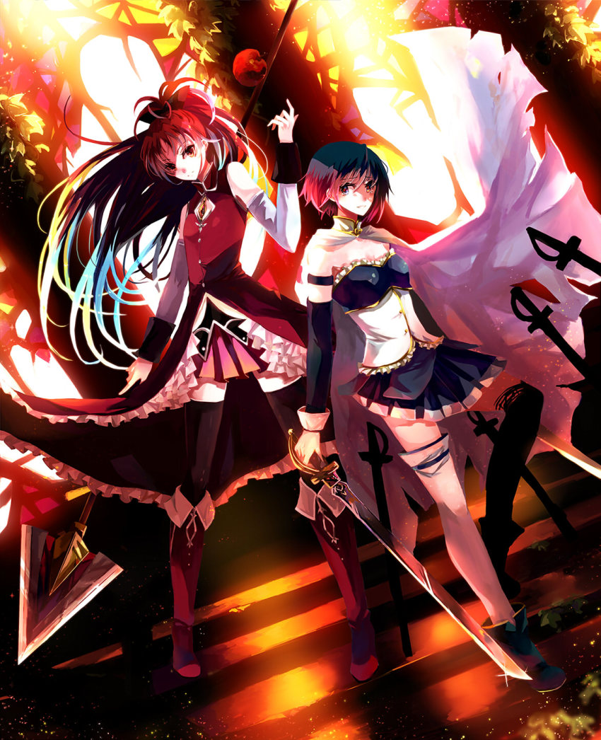 10s 2girls apple blood cape detached_sleeves dutch_angle food fruit gradient_hair highres legs long_hair magical_girl mahou_shoujo_madoka_magica mahou_shoujo_madoka_magica_(anime) miki_sayaka miki_sayaka_(magical_girl) multicolored_hair multiple_girls nako_(nonrain) polearm sakura_kyoko sakura_kyoko_(magical_girl) short_hair spear stained_glass sword thighhighs weapon zettai_ryouiki