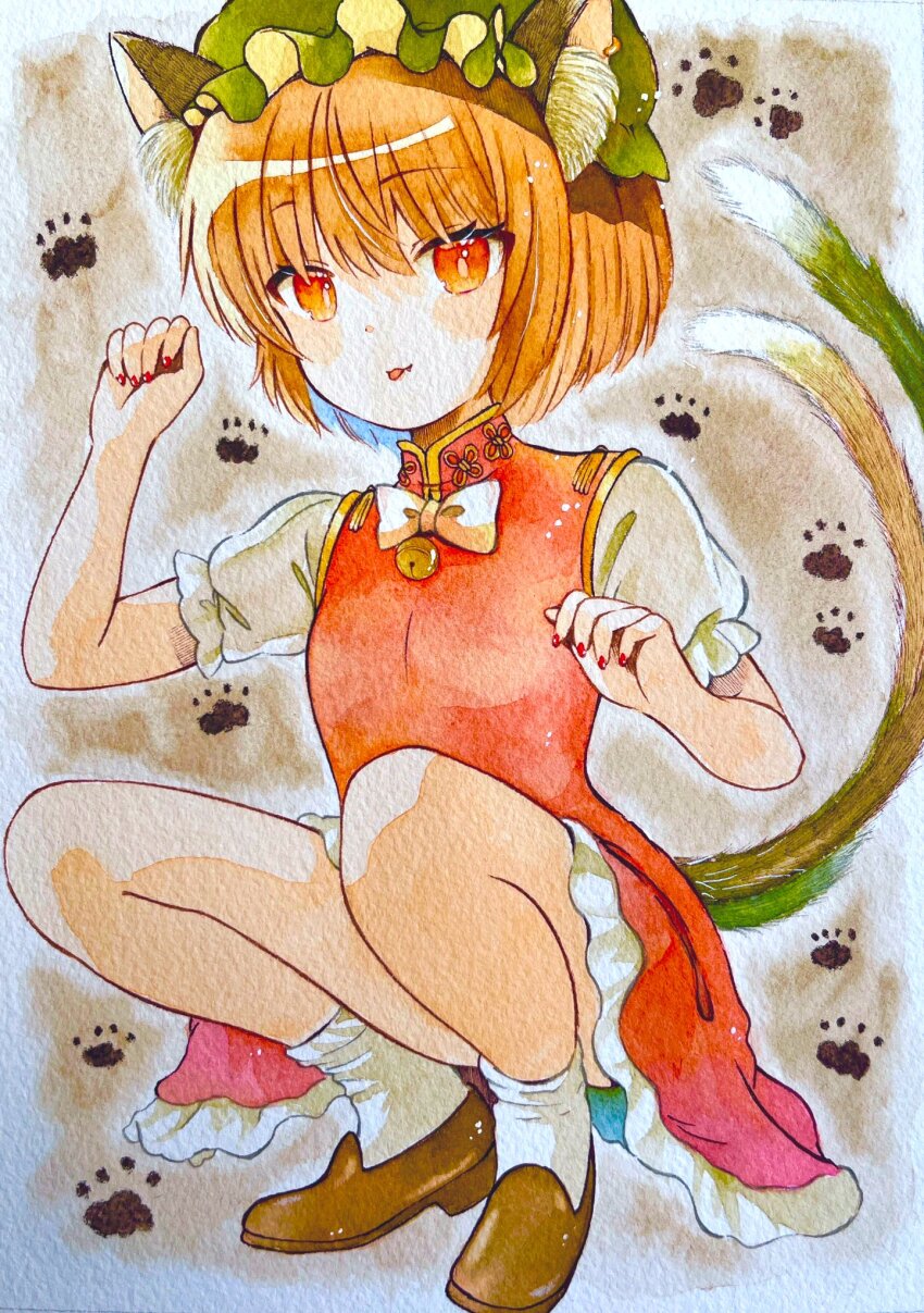 1girl animal_ears black_tail bow bowtie breasts brown_eyes brown_footwear brown_shorts cat_ears cat_tail chen closed_mouth dress frilled_dress frills green_hat hat highres loafers mandarin_collar mob_cap paw_pose paw_print puffy_short_sleeves puffy_sleeves red_bow red_bowtie red_dress shoes short_hair short_sleeves shorts small_breasts socks solo squatting tail touhou traditional_media white_socks yuzugoori