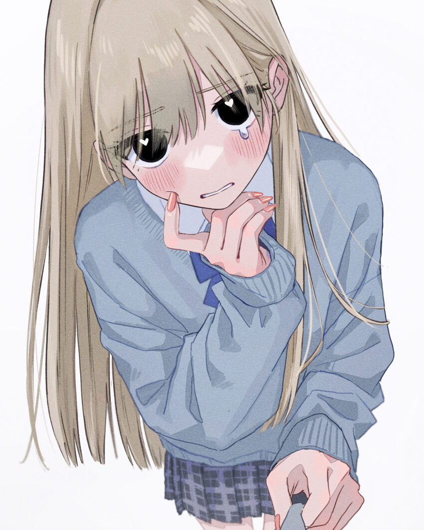 1girl absurdres black_eyes blonde_hair blue_neckerchief blush clothes_pull collared_shirt crying eyelashes finger_to_cheek fingernails from_above grey_sweater hair_behind_ear hair_between_eyes hamafugu heart heart-shaped_pupils highres legs long_eyebrows long_fingernails long_hair long_sleeves looking_at_viewer nail_polish neckerchief open_mouth original pink_nails plaid_clothes plaid_skirt pleated_skirt pov school_uniform second-party_source shirt simple_background skirt solo standing sweater swept_bangs symbol-shaped_pupils tearing_up teeth white_background white_shirt