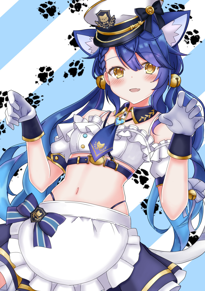 1girl absurdres amamiya_kokoro amamiya_kokoro_(2nd_costume) animal_ears blue_hair blush cat_ears commentary_request fang gloves hat highres looking_at_viewer low_twintails midriff military military_hat military_uniform navel nijisanji open_mouth paw_pose paw_print paw_print_background peaked_cap ribbon solo twintails virtual_youtuber white_gloves yellow_eyes yuku0307