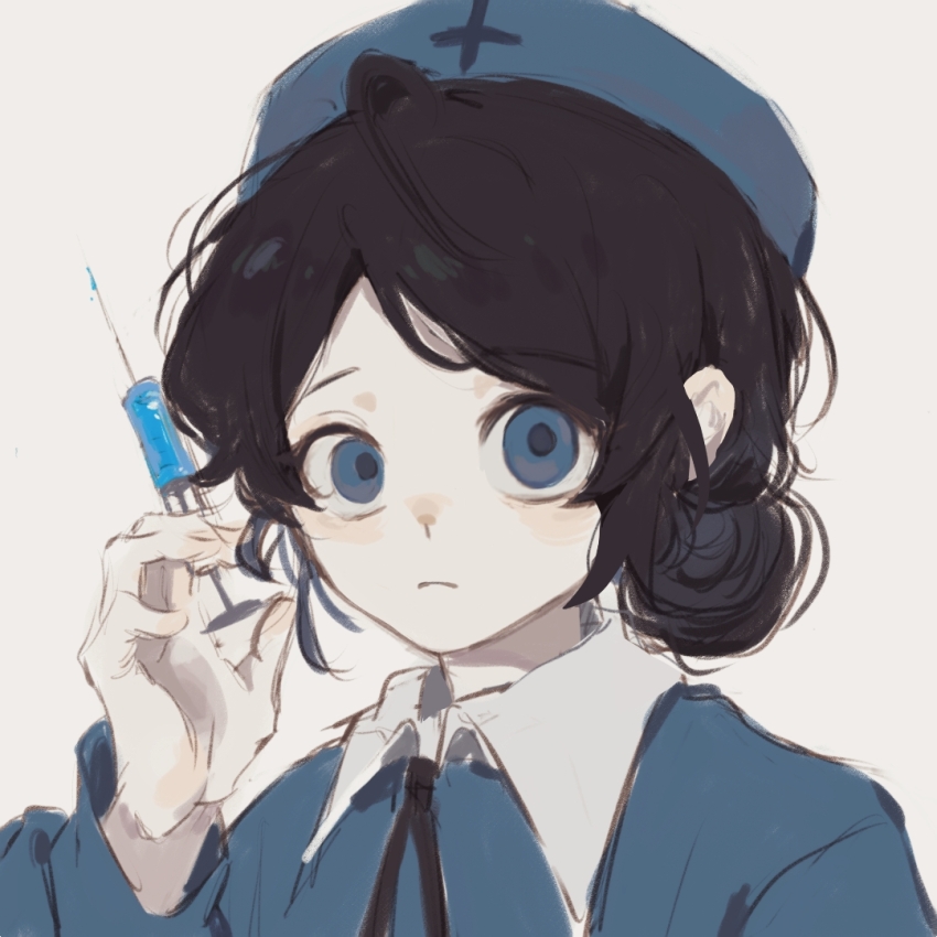 16personalities 1girl 5425980965 black_ribbon blue_eyes blue_shirt closed_mouth defender_(16personalities) hair_bun hat holding holding_syringe looking_at_viewer neck_ribbon nurse nurse_cap portrait ribbon shirt simple_background solo syringe white_background